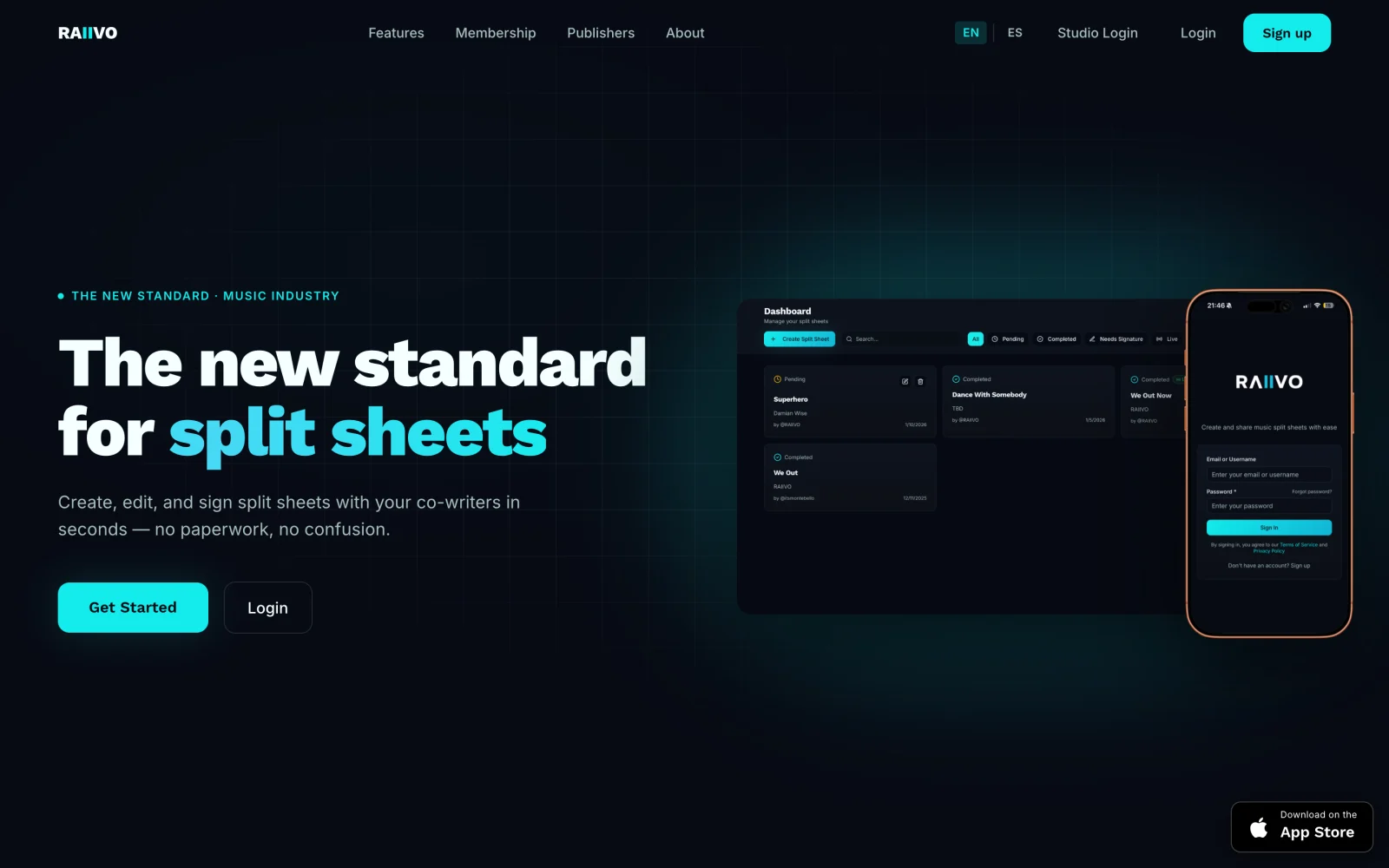 Portada de RAIIVO: fondo oscuro, el titular “The new standard for split sheets” y la interfaz del producto en escritorio y celular