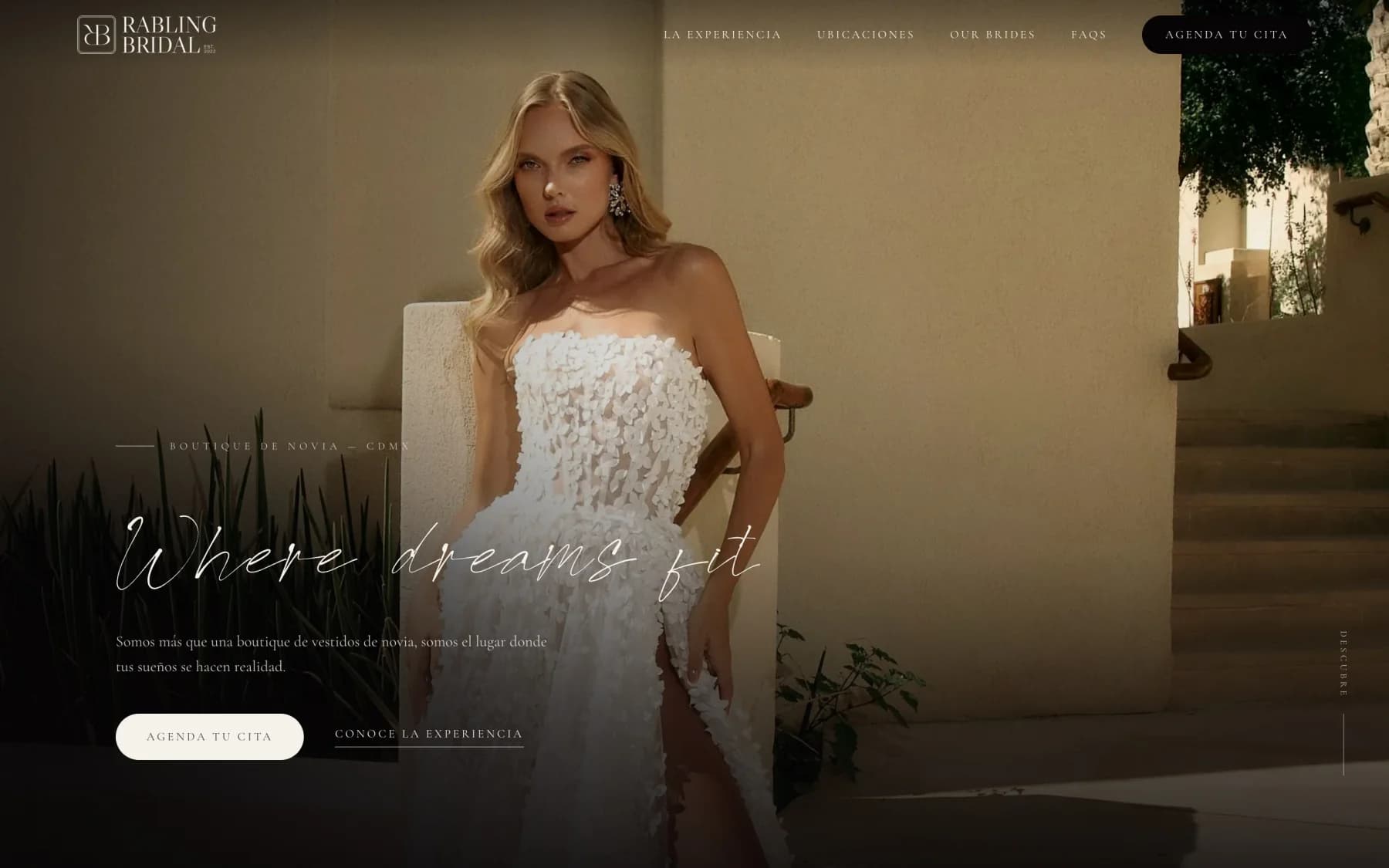 Rabling Bridal home page: a bride in a courtyard in warm light with the handwritten headline “Where dreams fit”